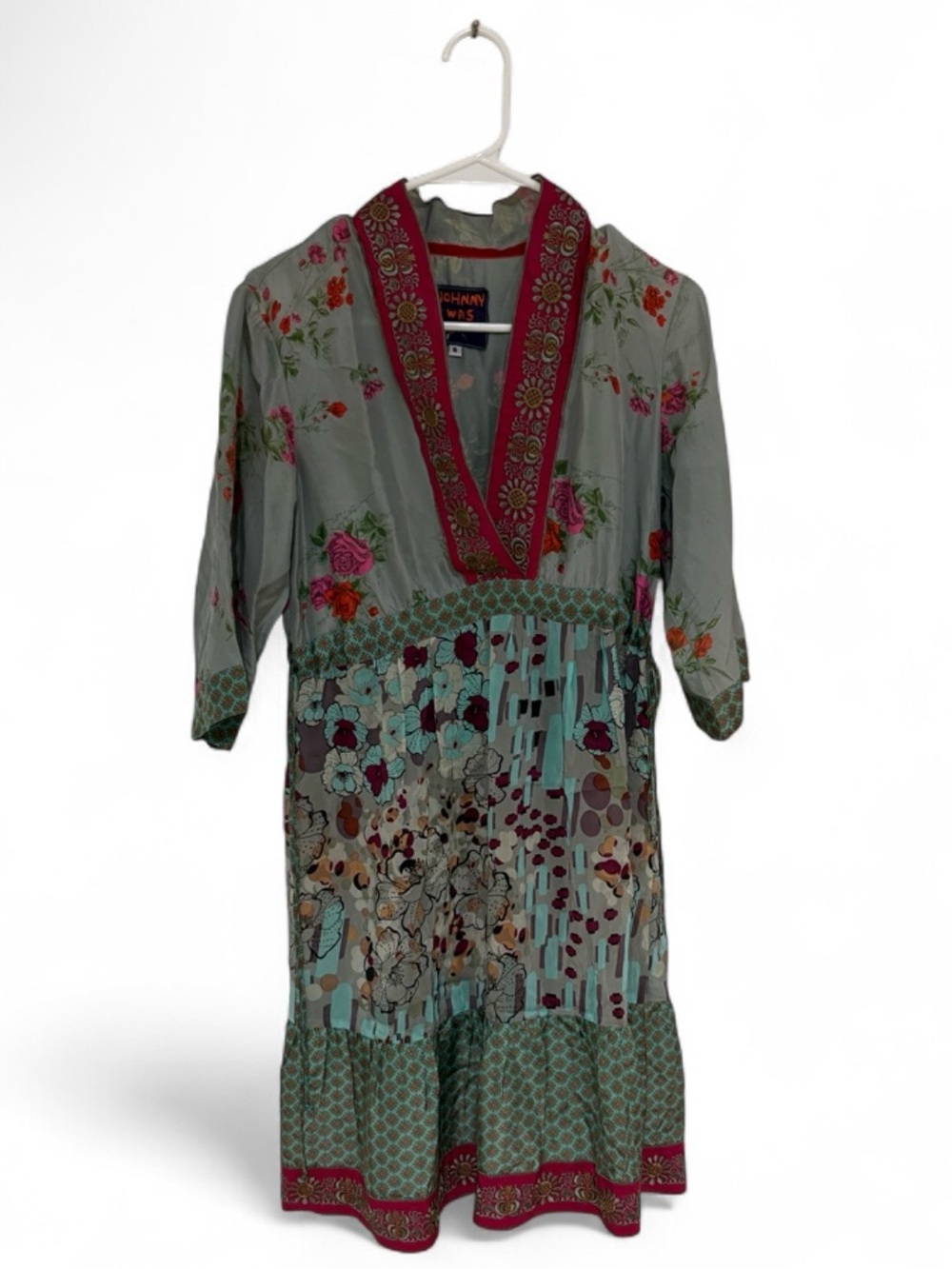 Johnny Was 100% Silk Lined Patchwork Floral Tunic Dress Boho Sz Small